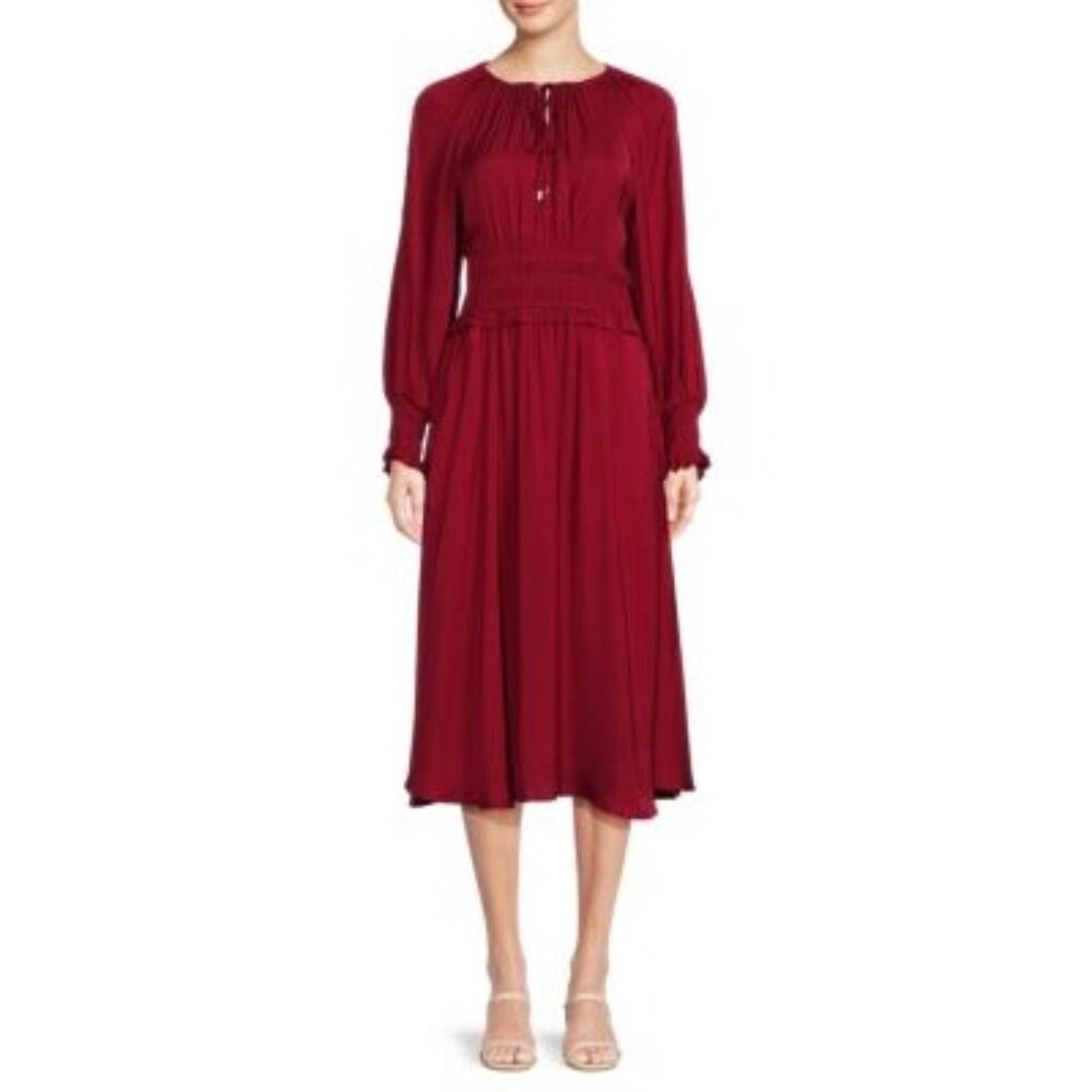 T Tahari Red Midi Dress XL Ruffle Smock Waist & Cuffs Pockets NWT 10014
